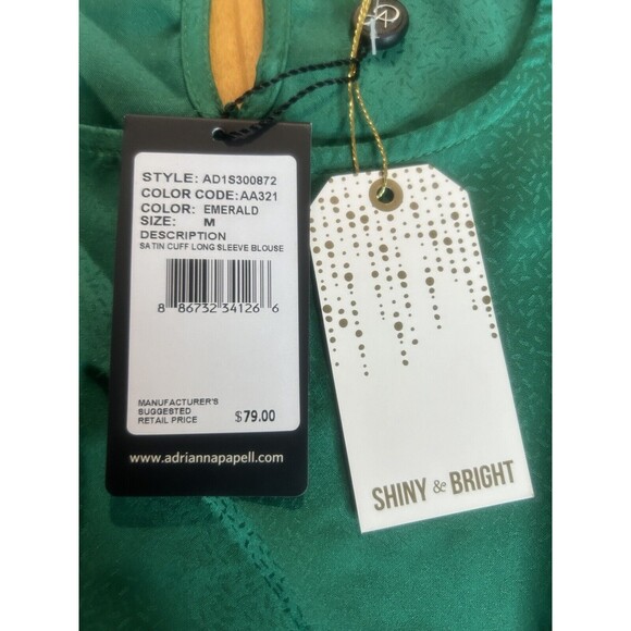 Adrianna Papell Women’s Top Med Shiny & Bright Emerald Long Sleeve Ruffle Cuff - Picture 6 of 14